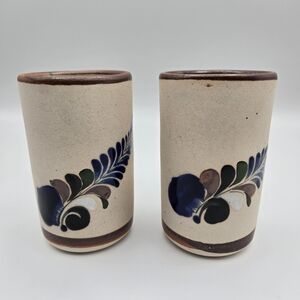 Tonala Mexican Sandstone Pottery Folk Art Handpainted Set Of 2 Cups
